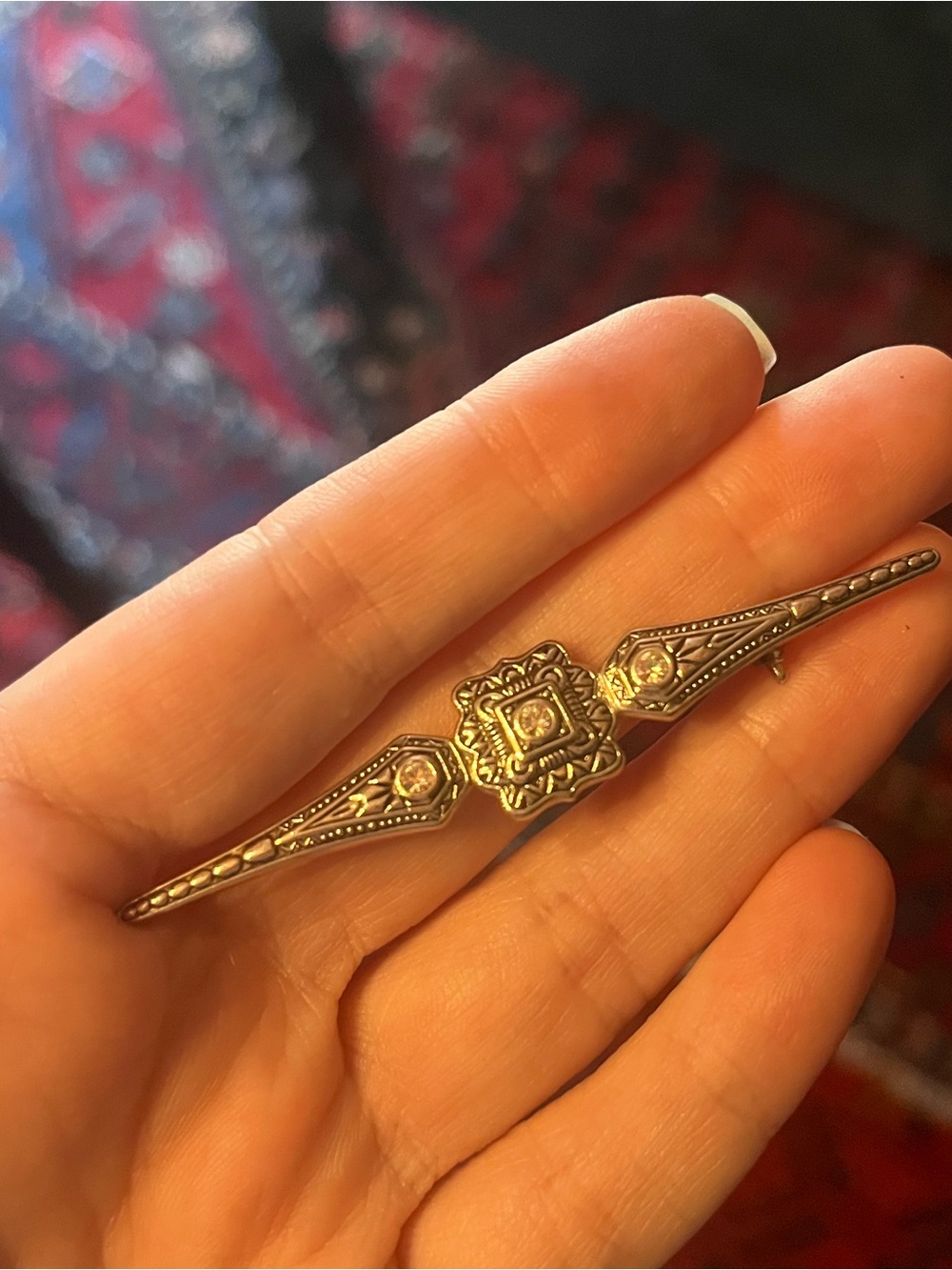 Vintage Silver Tone Bar Brooch with Rhinestones Art Deco